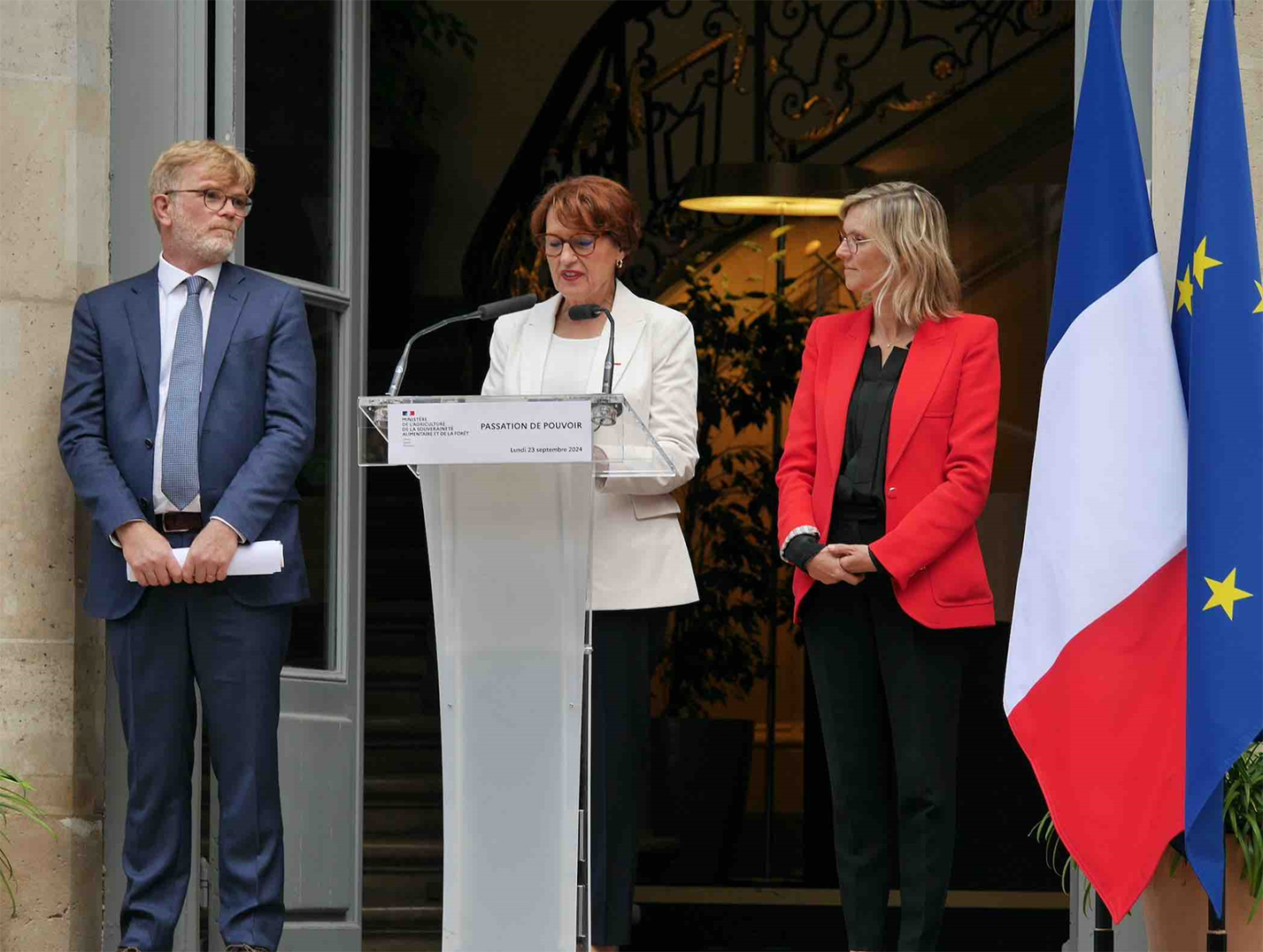 Marc Fesneau, Agnès Pannier-Runacher (en rouge), Annie Genevard (en blanc).