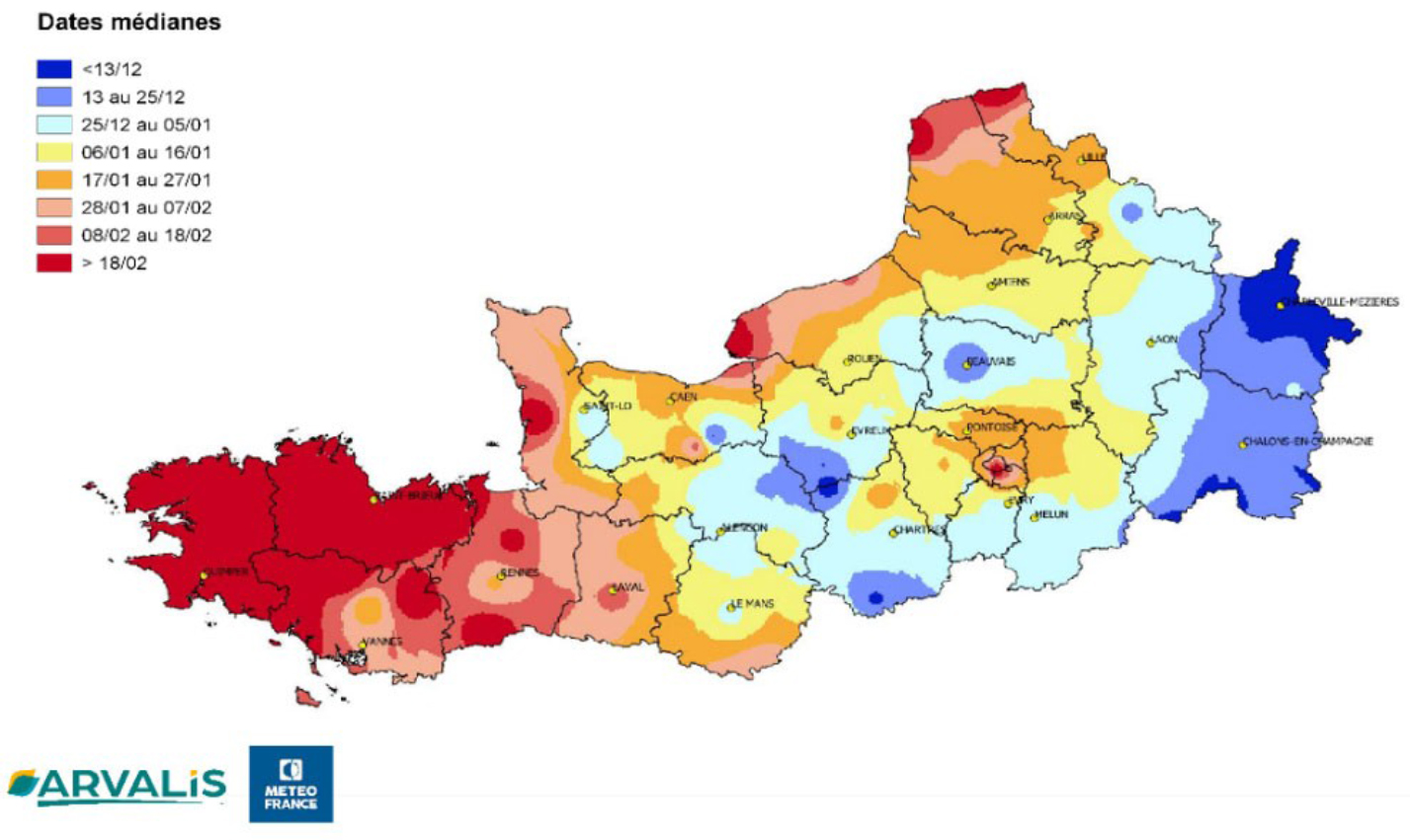 Dates médianes d’apparition du gel (températures < -5°C) sur les vingt dernières années (2003-2023),  entre le 1er octobre et le 1er mars. 