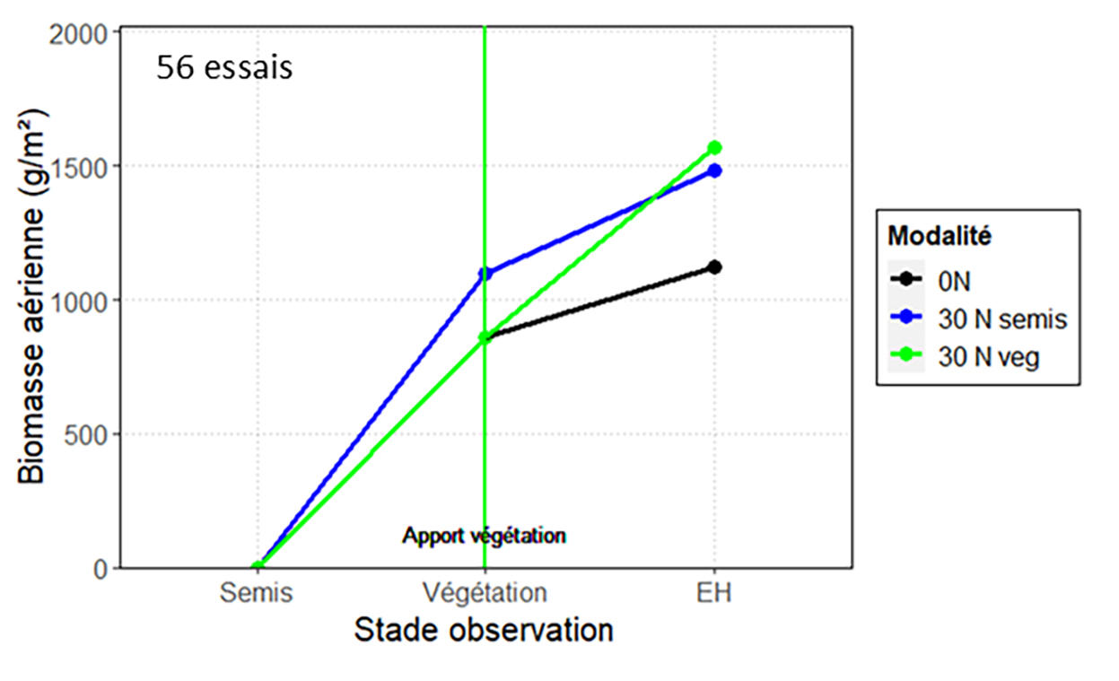 Figure : effet de l’apport d’azote au semis ou en végétation sur la dynamique de croissance automnale (Terres Inovia, 2024, 56 essais).