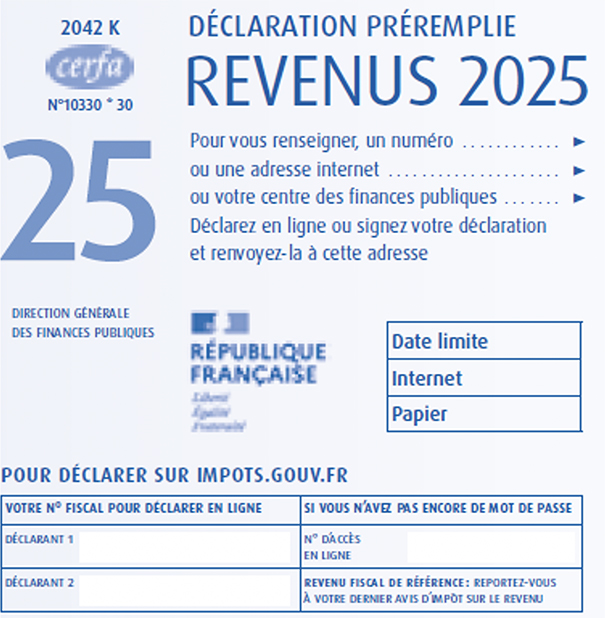 Le service de déclaration  en ligne sera ouvert  jusqu’au jeudi 21 mai pour  les départements n° 01  à 19 et les non-résidents ;  au jeudi 28 mai pour  les départements n° 20  à 54 et le jeudi 4 juin  pour les départements  n° 55 à 974 et 976. La déclaration papier  doit être déposée  au plus tard le mardi  19 mai 2026.