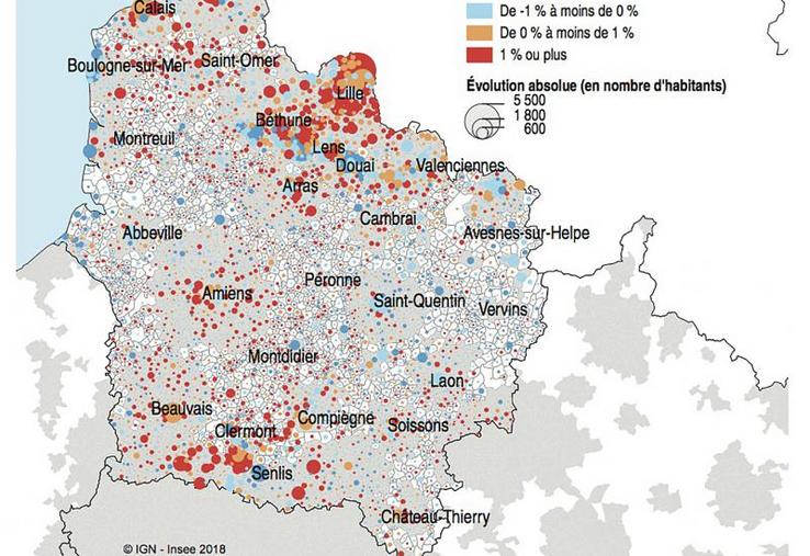 Évolution de la population des communes des Hauts-de-France de 2011 à 2016.