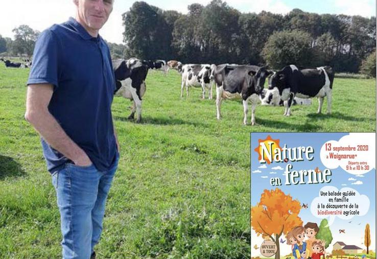 Quand on lui parle de biodiversité, Frédéric Richard emmène ses visiteurs dans les pâtures qu’il a semé en 2000 autour de son bâtiment d’élevage, après un déplacement de sa ferme du centre du village de Bourseville vers l’extérieur de la commune.