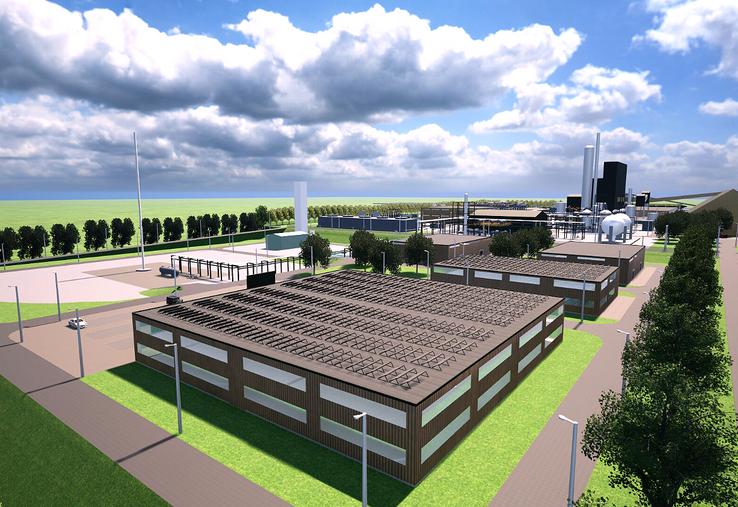 Représentation indicative de ce à quoi pourrait ressembler le projet d’usine de fabrication d’engrais bas carbone au stade  des études porté par FertigHy, à Languevoisin. 