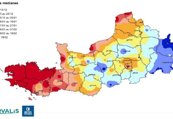 Dates médianes d’apparition du gel (températures < -5°C) sur les vingt dernières années (2003-2023),  entre le 1er octobre et le 1er mars. 