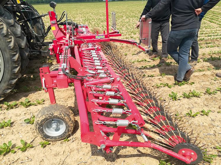 Des agriculteurs testent une roto-étrille pour désherber mécaniquement.