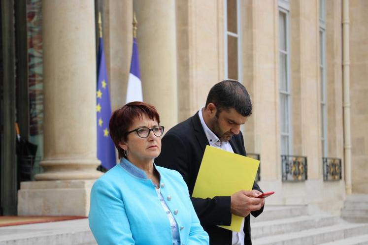 Christiane Lambert, présidente de la FNSEA, et Jérémy Decerle, président de Jeunes agriculteurs, dans la cour de l’Elysée après leur rencontre avec le président de la République, le 20 juillet dernier.