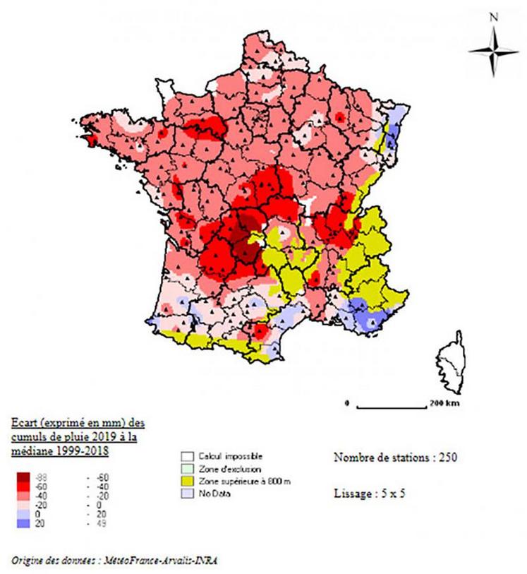 Pluie du 15 mars au 22 avril 2019 - écart à la moyenne vingt ans.