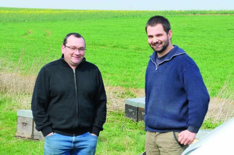 Patrice Payen, agriculteur à Fléchy (60) et Benoît Minart dans un petit rucher installé près d’une parcelle de colza en début de floraison. 
Patrice a remarqué une augmentation moyenne du rendement du colza de 6 à 7 quintaux/ha depuis la présence de ruches, simplement grâce à une meilleure pollinisation des plantes.