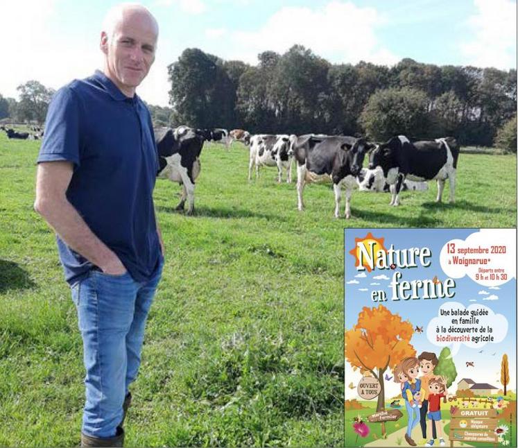 Quand on lui parle de biodiversité, Frédéric Richard emmène ses visiteurs dans les pâtures qu’il a semé en 2000 autour de son bâtiment d’élevage, après un déplacement de sa ferme du centre du village de Bourseville vers l’extérieur de la commune.