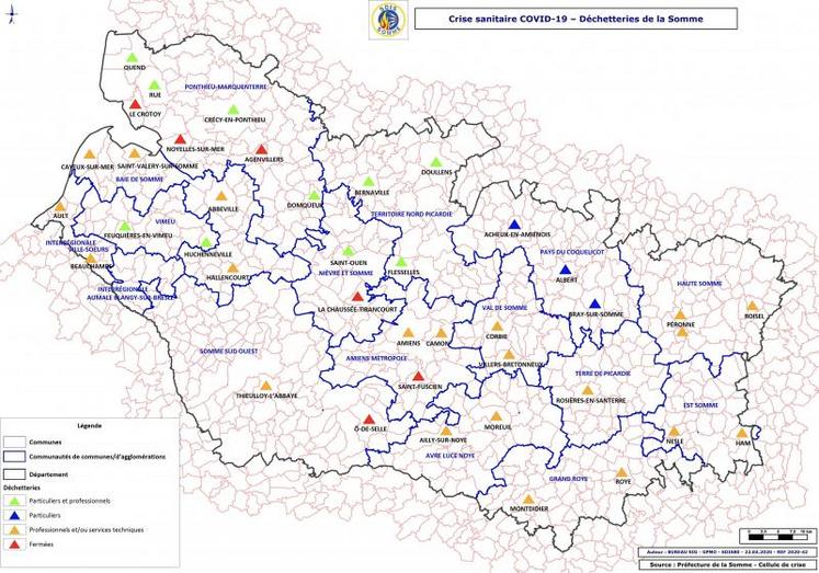 Une carte permet d'identifier les déchetteries ouvertes et les conditions d'accès.