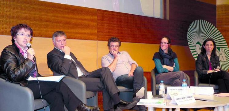 A la table ronde (de gauche à droite) : Christiane Lambert, vice présidente de la Fnsea, Olivier Buiche, directeur de la VPM, Philippe De Brackelaere, directeur adjoint du CVG, Hélène Goudemand, responsable de projet chez Florimond Desprez, Stéphanie Doligez, animatrice.