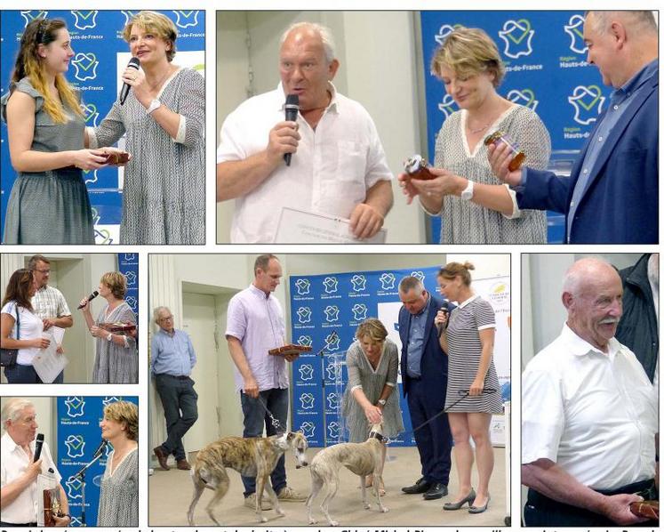 Parmis les récompensés, de haut en bas et de droite à gauche : Chloé Michel-Pinguerbe, meilleure pointeuse équin, Pascal Denis pour son miel, Philippe Podevin pour son jus de pomme, Grégoire Legrand et sa chienne Whippet Adrian Donna Gaines, M. Leduc pour son Maroilles AOP sorbet et Bernard Hochart pour ses Traits Boulonnais.