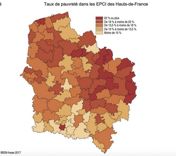 Certains territoires concentrent les phénomènes de pauvreté : le bassin minier, la Sambre-Avesnois, la Thiérache 
et le Saint-Quentinois, ainsi que les territoires urbains du littoral, comme le Calaisis, du Boulonnais ou de l’Abbevillois.