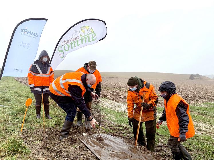 Les présidents du Conseil départemental de la Somme et de la fédération départementale des chasseurs ont participé au chantier de plantation de haies arbustives, dans l’ouest du département. Une opération qui en appelle d’autres pour la reconquête de la biodiversité.