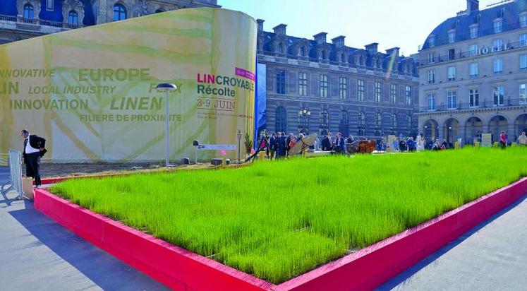 Du 3 au 9 juin, une parcelle de lin de 1 000 m2 a coloré d’un vert acidulé la place du Palais-Royal à Paris.