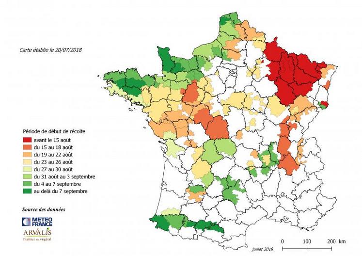 Estimation de la date de début de récolte de maïs fourrage 2018 par région au 20 juillet.