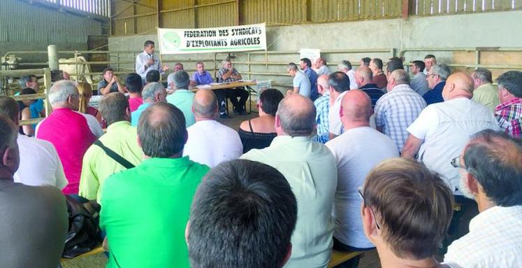 Xavier Beulin et Jean-Pierre Fleury devant les éleveurs de Vendée, à Saint-Martin-des-Noyers, le 24 août dernier.