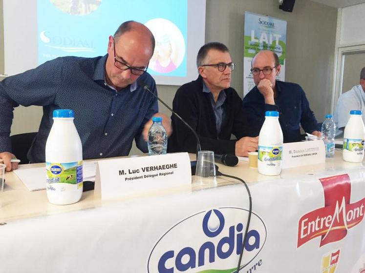 Damien Lacombe, président de Sodiaal (au centre), entouré de Luc Verhaeghe et Olivier Gaffet, présidents de la région Nord.