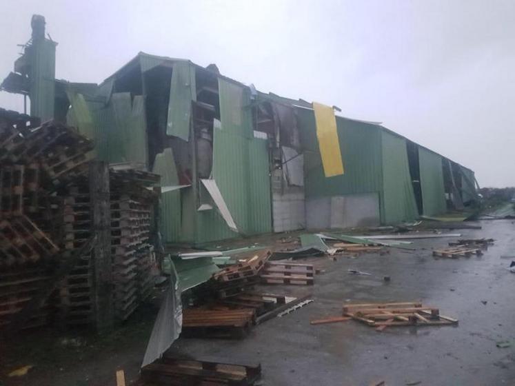 Cet entrepôt de stockage de palettes au nord d'Amiens a été balayé par la tempête qui a soufflé sur la région, lundi après-midi.