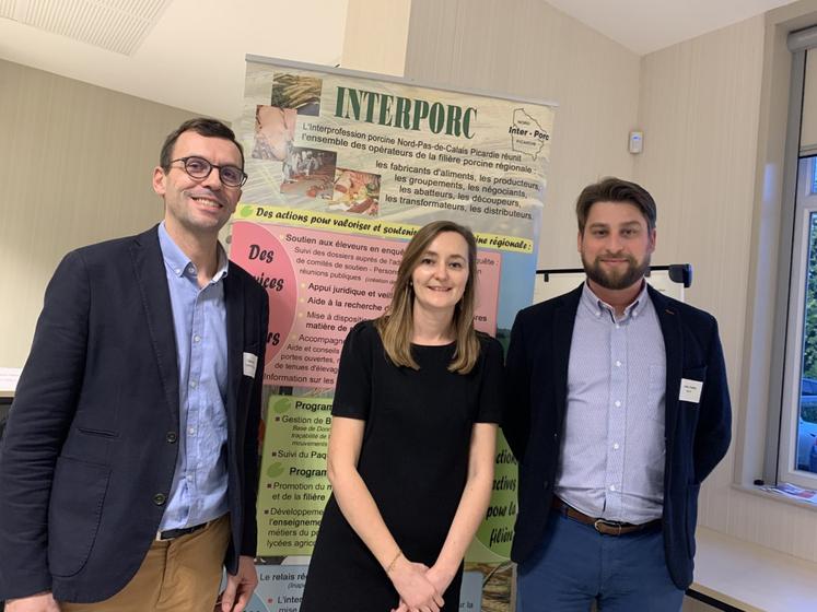 Fabien Leroux, président d'Interporc Nord-Picardie, Gwendoline Desailly et Fabien Thirel, directrice et président de l'URGPP, lors de l'assemblée générale. 