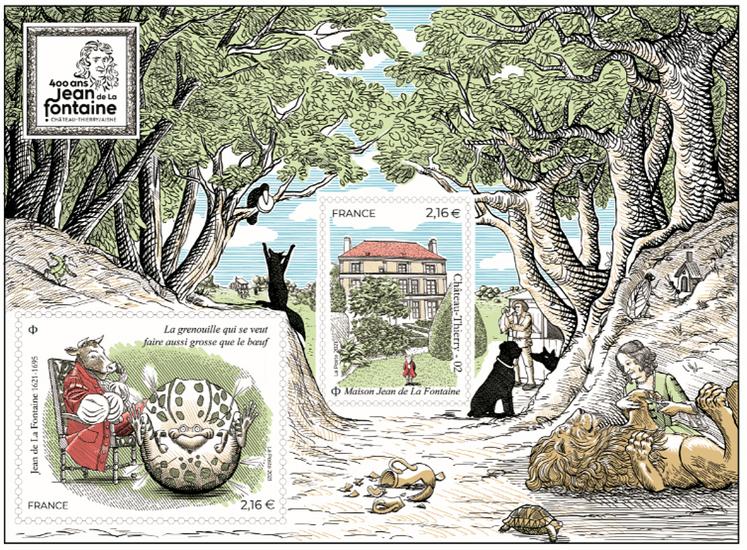Pour marquer cette année exceptionnelle, La Poste émet un bloc de 2 timbres en l’honneur de Jean de La Fontaine et sa maison natale, devenue musée.