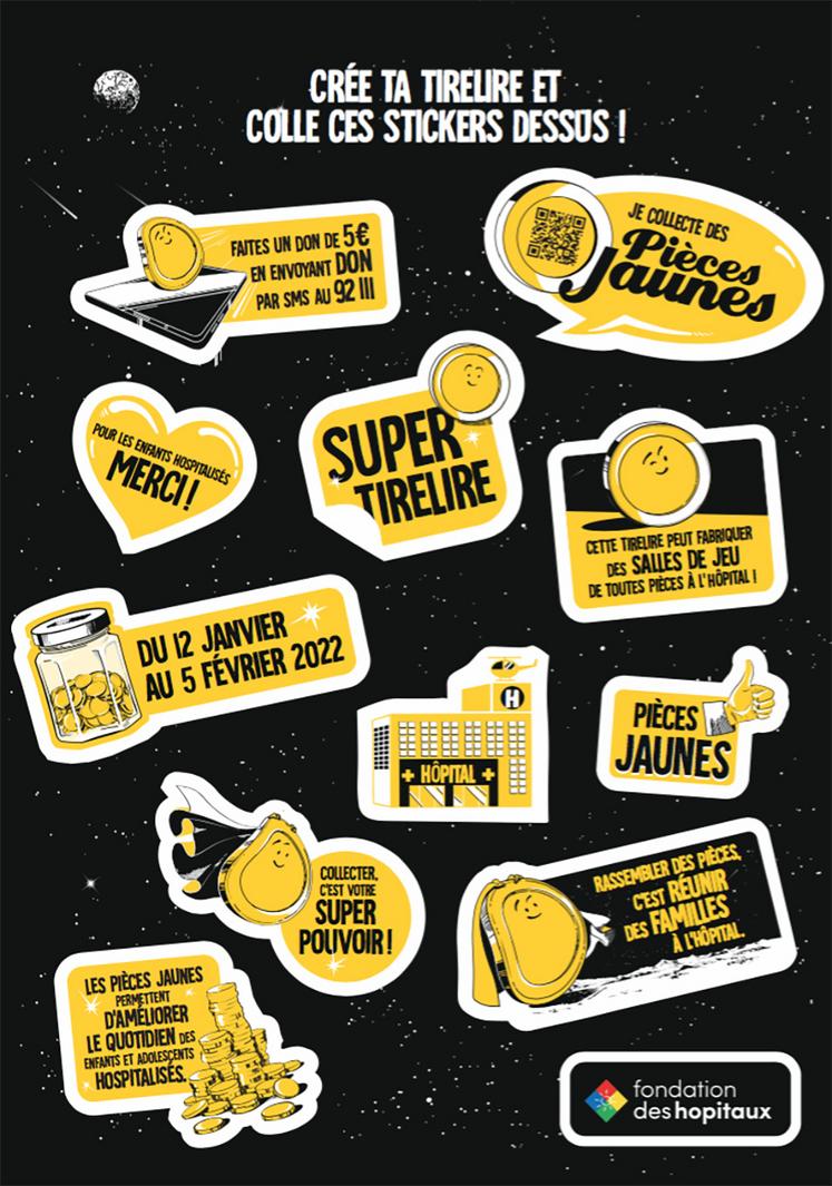 Des stickers pour personnaliser sa tirelire seront disponibles à la Poste, dans la presse ou imprimables sur piecesjaunes.fr.