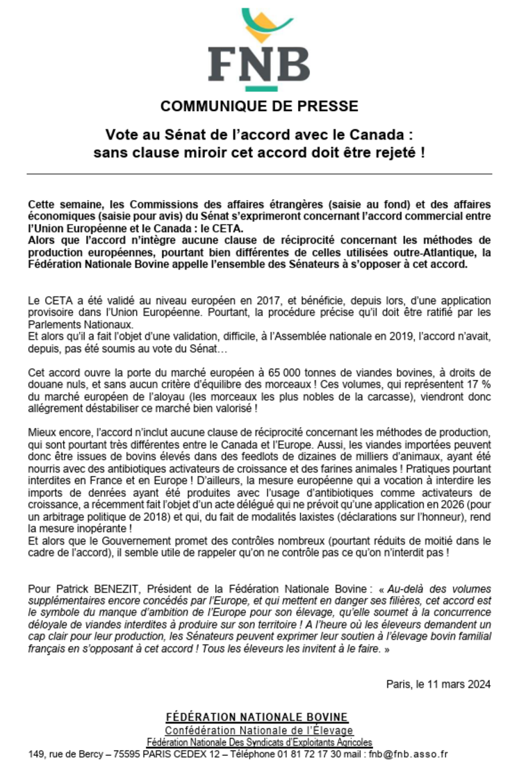 FNB Ceta Canada libre échange Sénat