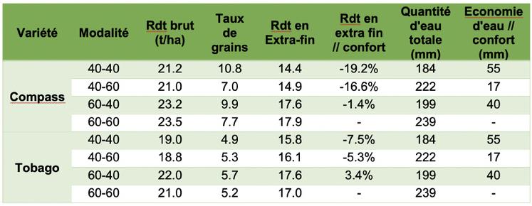 Tableau 2 : Rendement brut et en extra-fin, économie d’eau sur l’essai haricots.