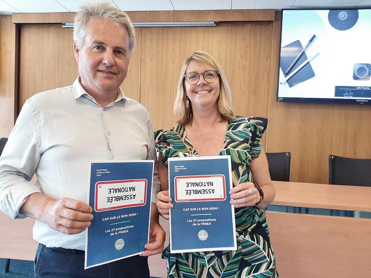 Denis Bully, président de la FDSEA de la Somme, et Carine Bouvet, secrétaire générale, avec les vingt-sept mesures attendues par la FNSEA. 