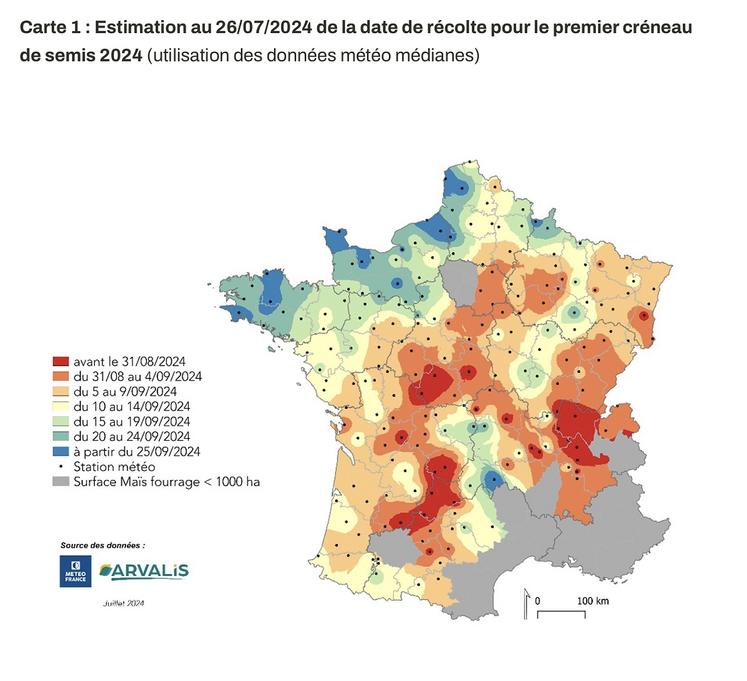 Carte 1 : estimation au 26/07/2024 de la date de récolte pour le premier créneau de semis 2024 (utilisation des données météo médianes).