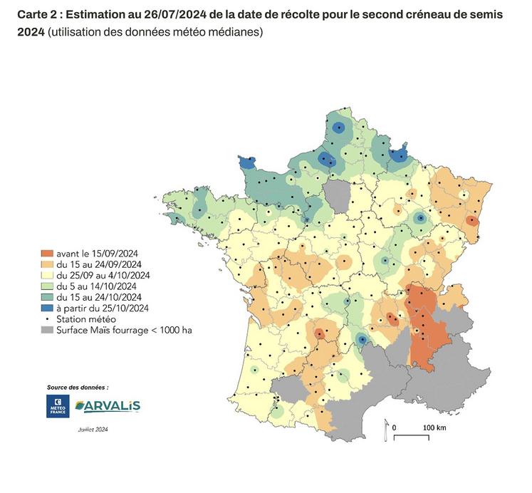 Carte 2 : estimation au 26/07/2024 de la date de récolte pour le second créneau de semis 2024 (utilisation des données météo médianes).