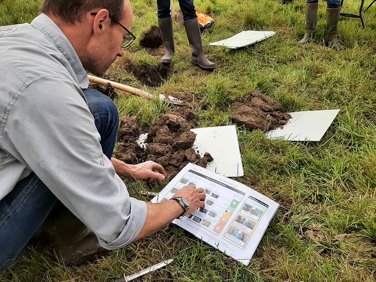 Pour évaluer le degré de tassement d’un sol, Olivier Suc utilise la méthode dite GrassVess qui consiste à analyser à l’œil la qualité des agrégats et la porosité  d’un bloc de terre prélevé à la bêche. 