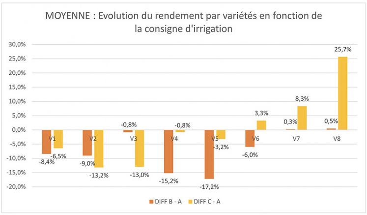 Graphique 2 : évolution du rendement des modalités en stress hydrique  par rapport à leur confort respectif.