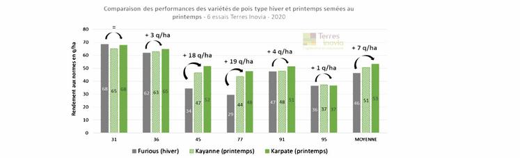 Figure 2 : comparaison des performances des variétés de pois type hiver et printemps semées au printemps  - 6 essais Terres Inovia - 2020