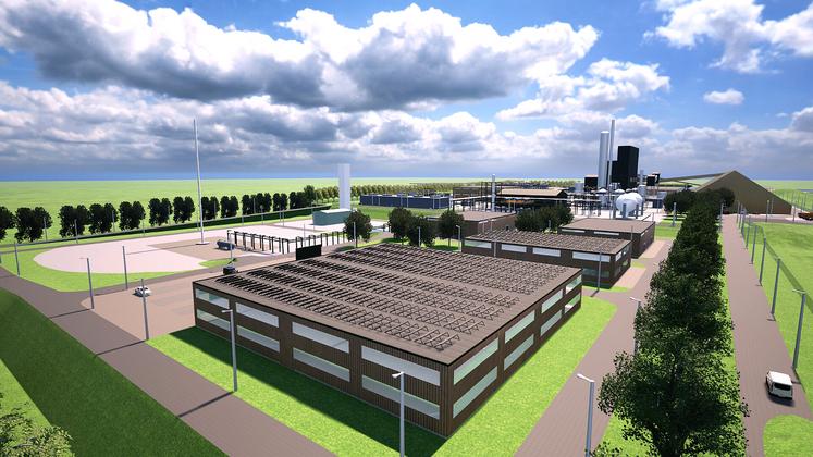 Représentation indicative de ce à quoi pourrait ressembler le projet d’usine de fabrication d’engrais bas carbone au stade  des études porté par FertigHy, à Languevoisin. 