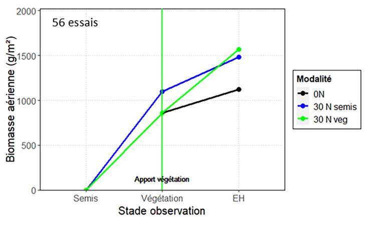 Figure : effet de l’apport d’azote au semis ou en végétation sur la dynamique de croissance automnale (Terres Inovia, 2024, 56 essais).