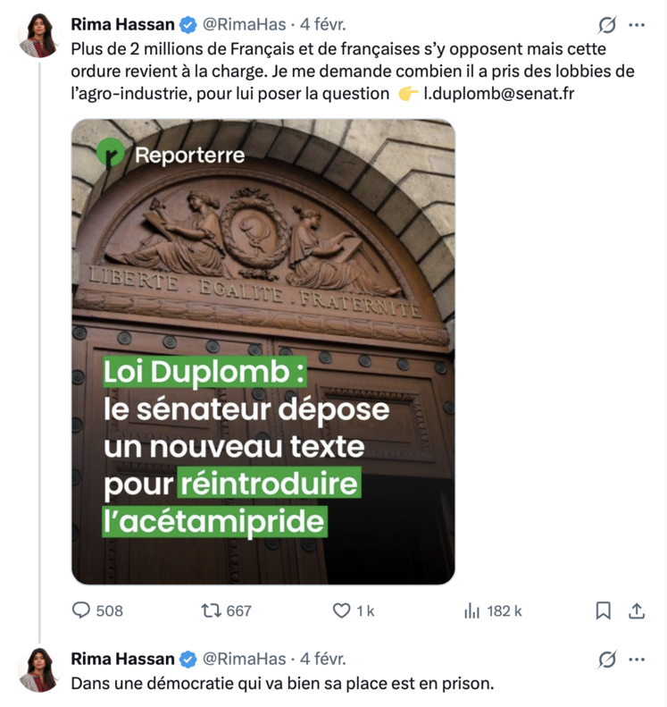 Rima Hassan et Laurent Duplomb