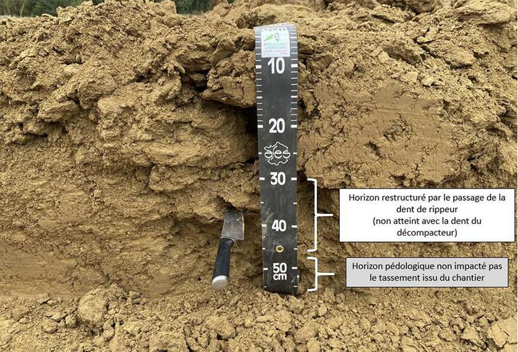 La réalisation d’un profil cultural permet de s’assurer de l’efficacité du passage  de la dent du ripper et de vérifier la restructuration des horizons compactés  avant le régalage de la terre végétale. 