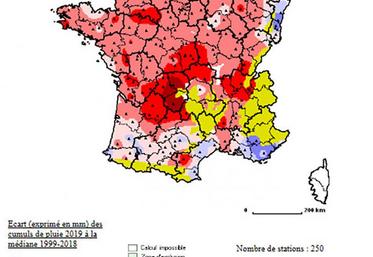 Pluie du 15 mars au 22 avril 2019 - écart à la moyenne vingt ans.