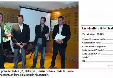 François Thabuis, président des JA, et Xavier Beulin, président de la Fnsea, expriment leur satisfaction lors de la soirée électorale.