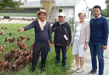Om Pheap, Vanna Soeung et An Chankomar (de g. à dr.) ont, entre autres, visité le poulailler des Bertrandie, à Dury.
