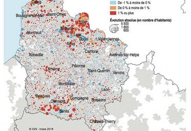 Évolution de la population des communes des Hauts-de-France de 2011 à 2016.