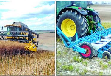 (A gauche) Cartographie de rendement réalisée au moment de la moisson, sur toutes les parcelles de l’exploitation. (A droite) Essai de semis direct de betterave en terre difficile (25 mars 2016).