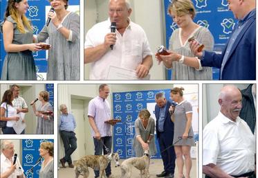 Parmis les récompensés, de haut en bas et de droite à gauche : Chloé Michel-Pinguerbe, meilleure pointeuse équin, Pascal Denis pour son miel, Philippe Podevin pour son jus de pomme, Grégoire Legrand et sa chienne Whippet Adrian Donna Gaines, M. Leduc pour son Maroilles AOP sorbet et Bernard Hochart pour ses Traits Boulonnais.