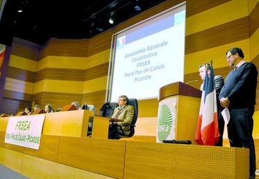 Laurent Degenne (au pupitre à gauche) et Laurent Verhaeghe ont respectivement été élus secrétaire général et président 
de la nouvelle FRSEA dont le projet politique se décline autour de 3 grands axes majeurs : la performance économique 
des secteurs agricoles et agroalimentaires, leur durabilité ainsi que l’évolution des métiers.