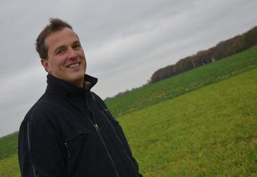 Au premier plan, la partie de la parcelle qu’il a ressemée en herbe. En arrière plan, la culture de colza.