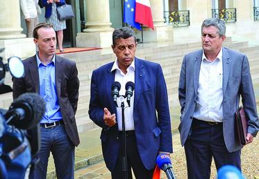 Thomas Diemer, Xavier Beulin et Dominique Barrau à la sortie de leur rendez-vous avec le Président de la République, le Premier ministre, et le ministre de l'Agriculture à l'Elysée le 24 août 2015.