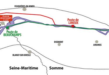 Le scénario retenu consiste à créer la nouvelle ligne à 400 000 volts en parallèle de la ligne électrique aérienne à 225 000 volts existante entre les postes d’Argœuves et de Beauchamps, puis à conserver une direction ouest afin de rejoindre le poste de Navarre en s’insérant dans un couloir de lignes haute et très haute tension existantes. 
