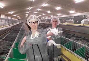 Sylvie Moreau (à g.) et Laurence Moreau (à dr.) assurent que sans problème sanitaire, l’élevage de lapins est l’atelier le plus rentable de l’exploitation.