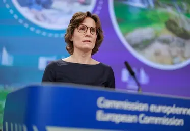 La commissaire européenne à l'Environnement, Jessika Roswall en conférence de presse